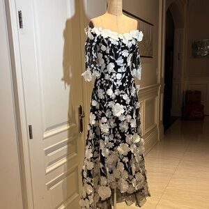 Teri Jon Black and White 3D Floral Off-Shoulder Dress
